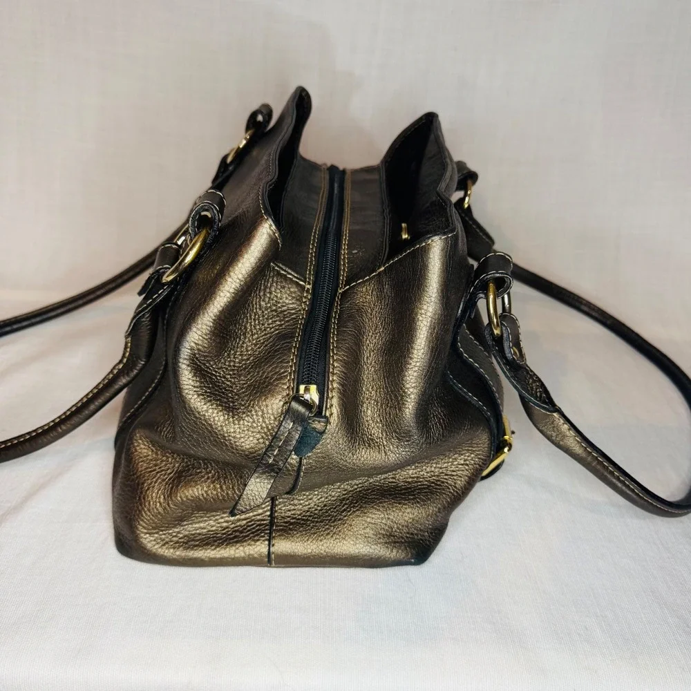 Metallic Bronze Pebbled Leather Shoulder Bag Satchel Gold Hardware Triple Pocket
